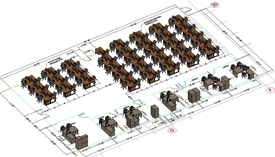 3D CAD rendering of an office layout with 67 workstations and six private offices, drawn to scale with dimensions on every station and aisle