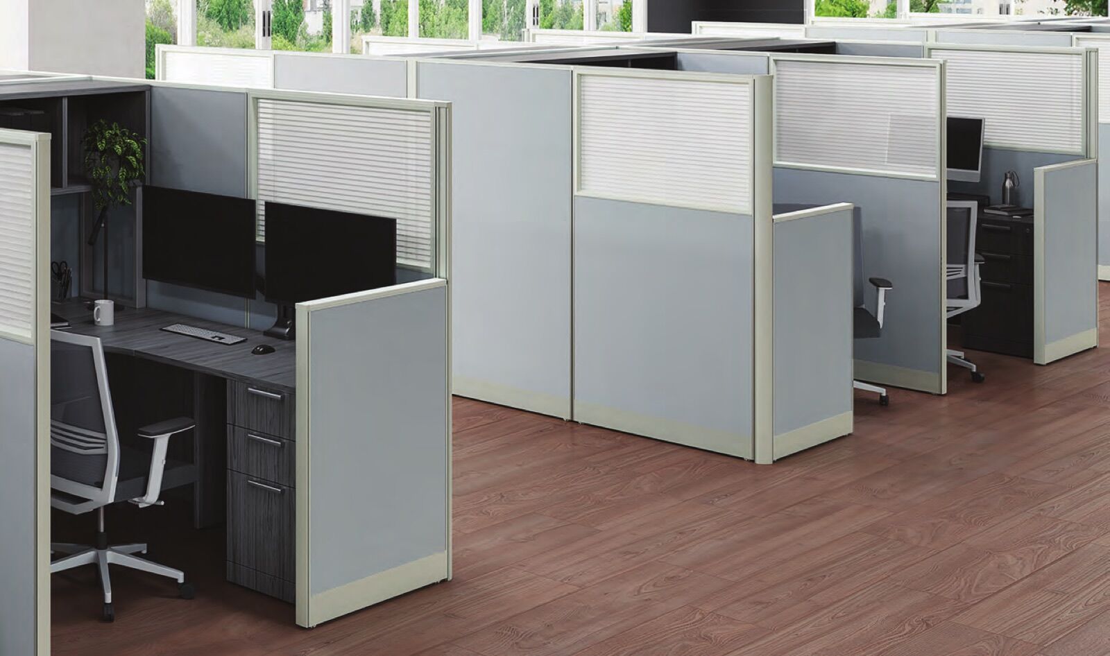 Rows of full-height cubicles with 66-inch gray fabric panels and translucent view-through top sections
