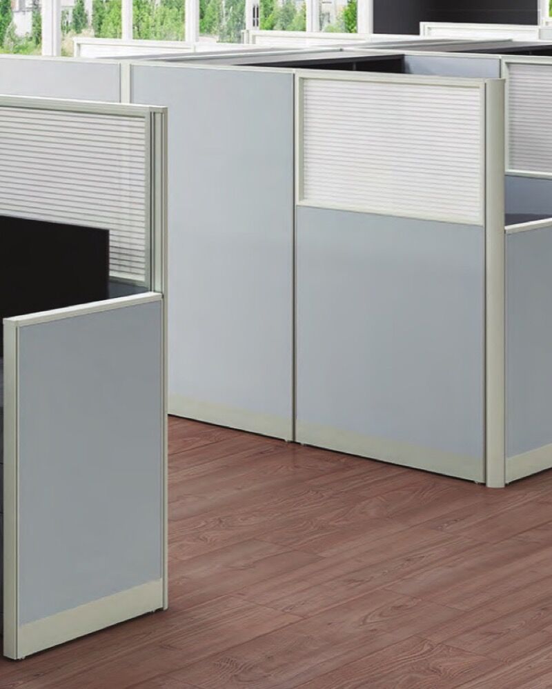 Rows of full-height cubicles with 66-inch gray fabric panels and translucent view-through top sections