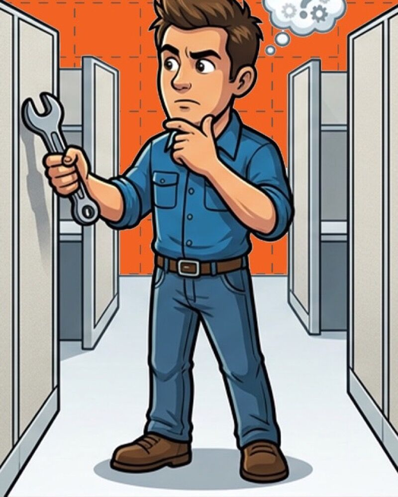 Illustration of a technician with a wrench inspecting cubicle panels between two rebuilt workstations