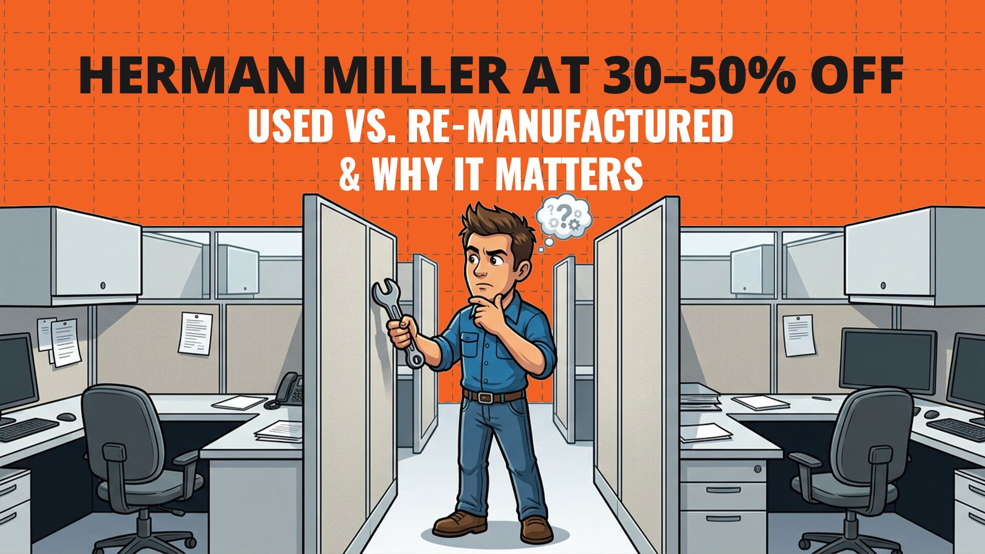 Cartoon of a technician with a wrench between two rebuilt cubicles, under the headline: Herman Miller at 30 to 50 percent off. Used vs. re-manufactured and why it matters.
