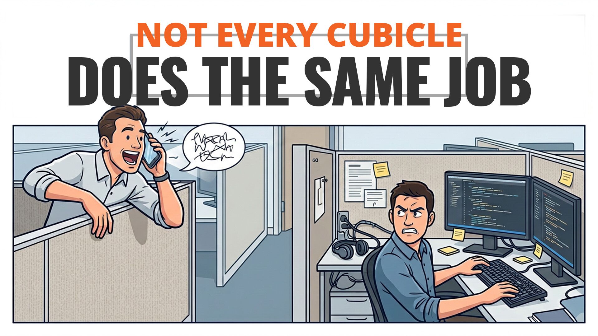 Cartoon of one worker talking on the phone over a low cubicle wall while a neighbor tries to concentrate, under the headline: Not every cubicle does the same job.