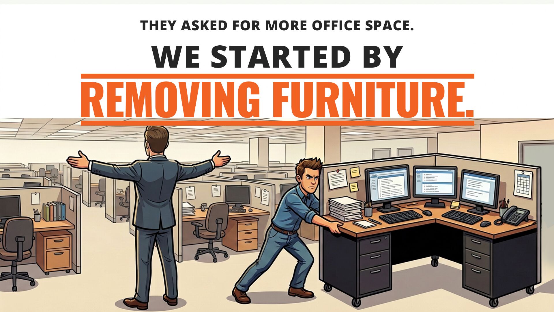 Cartoon of a worker wheeling a desk out of a crowded cubicle floor under the headline: They asked for more office space. We started by removing furniture.